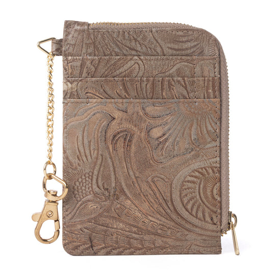 Myra Summer Grove Embossed Leather Credit Card Holder in Desert Taupe - - Wallets