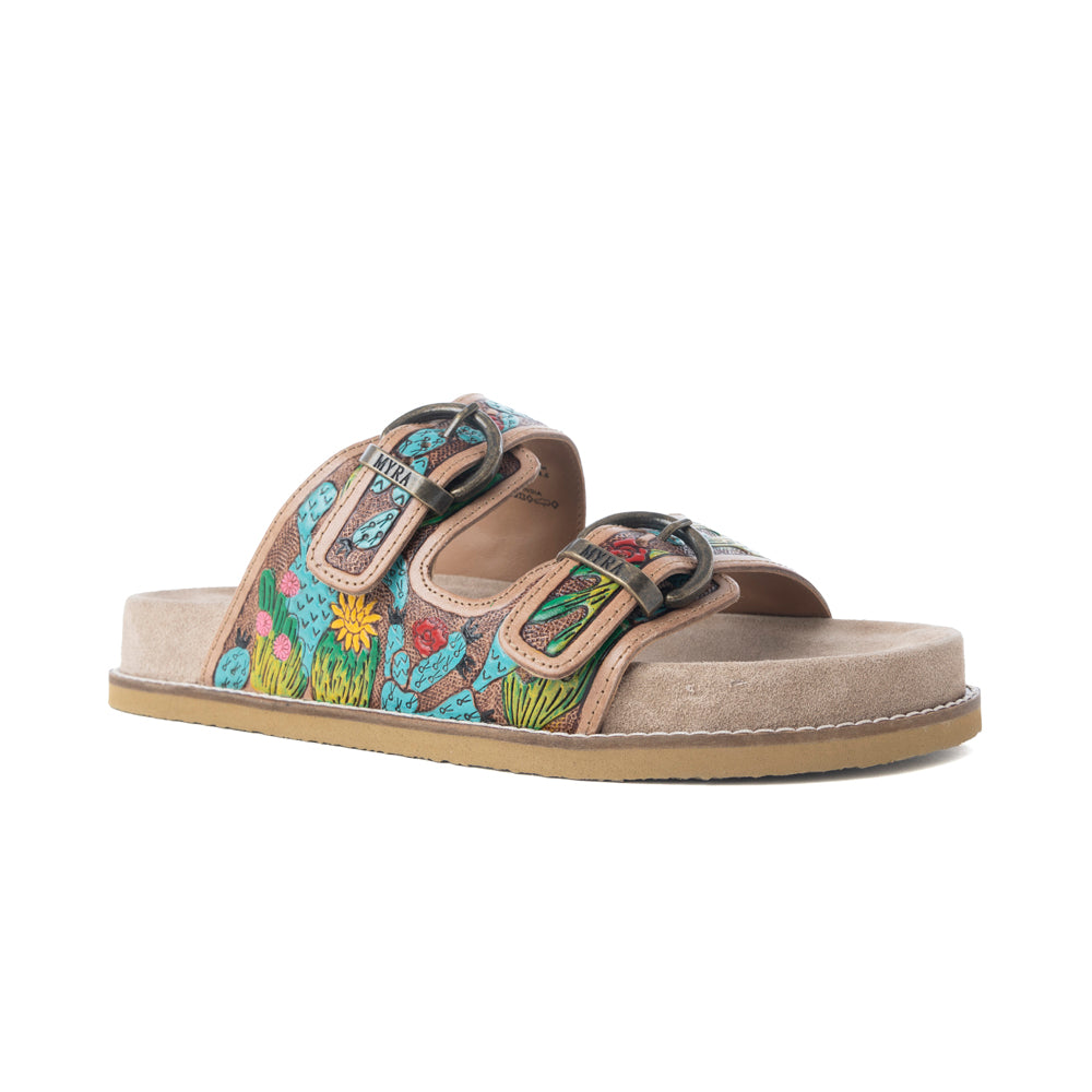 Myra Rio Verde Handtooled Leather Sandals in Agave Blue- Myra USA- {{Product type}}