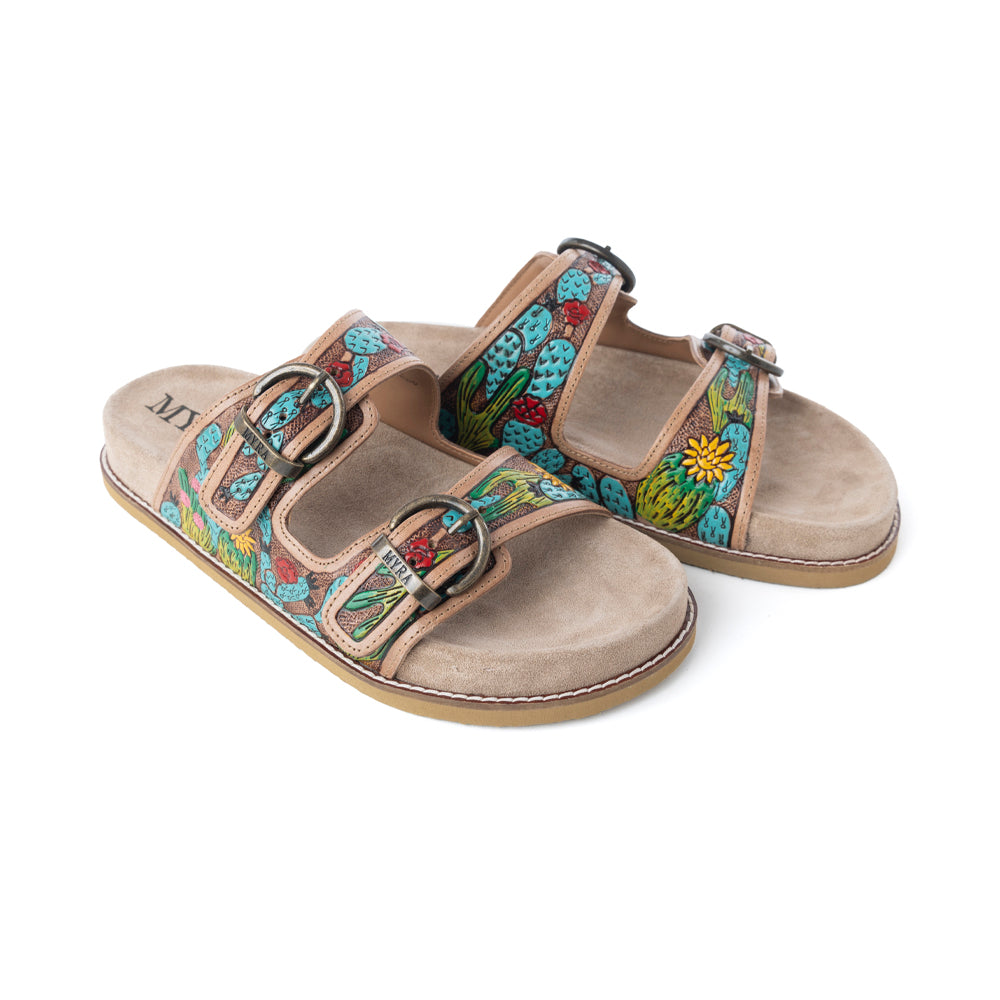 Myra Rio Verde Handtooled Leather Sandals in Agave Blue- Myra USA- {{Product type}}