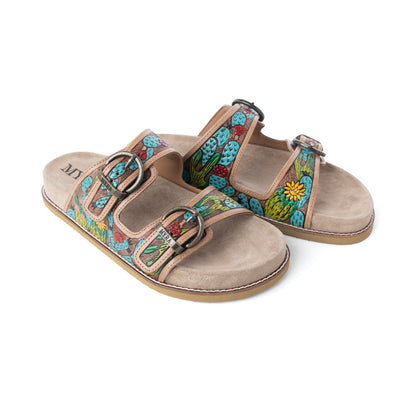 Myra Rio Verde Handtooled Leather Sandals in Agave Blue- Myra USA- {{Product type}}