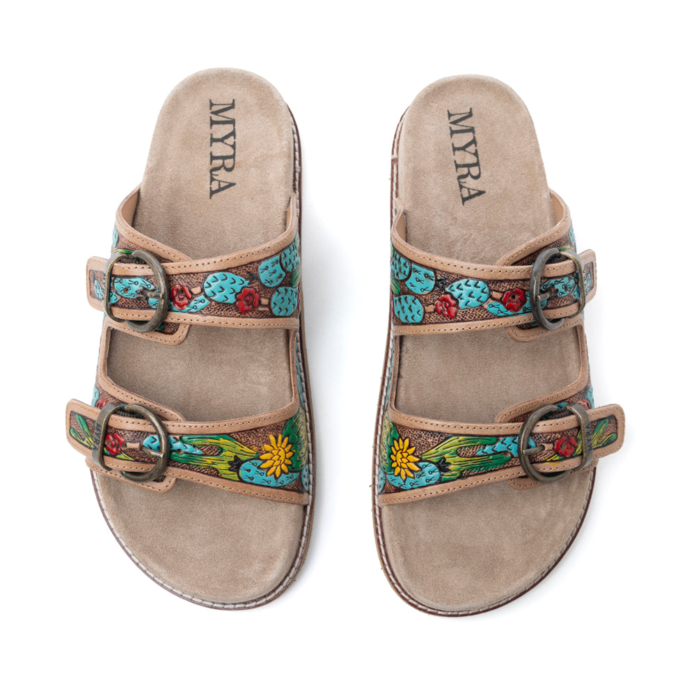 Myra Rio Verde Handtooled Leather Sandals in Agave Blue- Myra USA- {{Product type}}