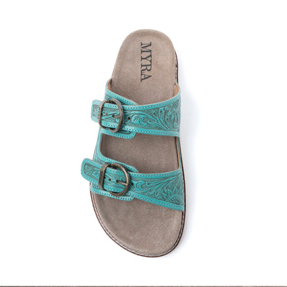 Myra Bluebell Ranch Handtooled Leather Sandals in Alpine Teal- Myra USA- {{Product type}}