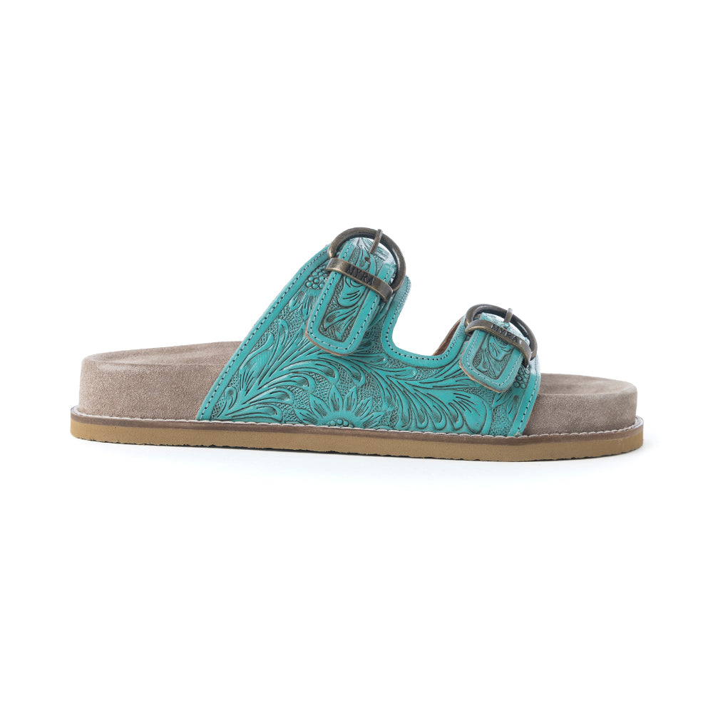 Myra Bluebell Ranch Handtooled Leather Sandals in Alpine Teal- Myra USA- {{Product type}}