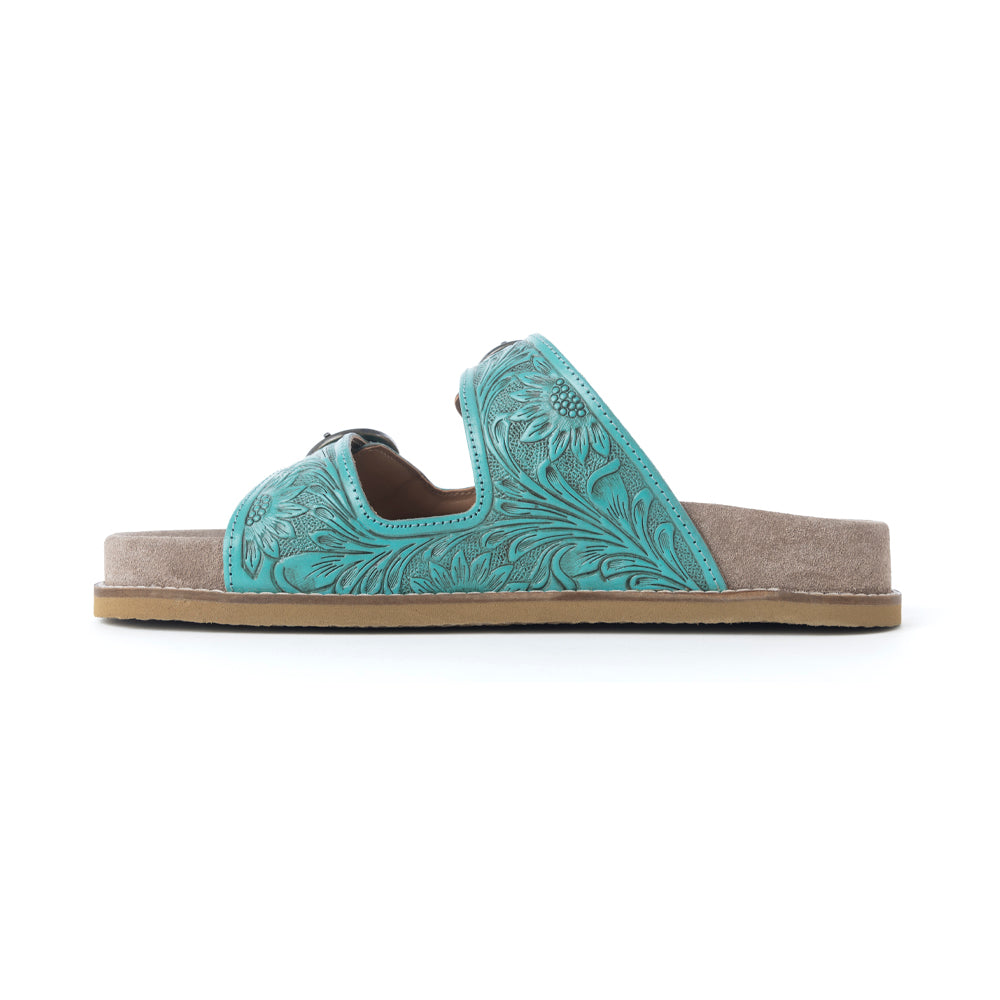 Myra Bluebell Ranch Handtooled Leather Sandals in Alpine Teal- Myra USA- {{Product type}}