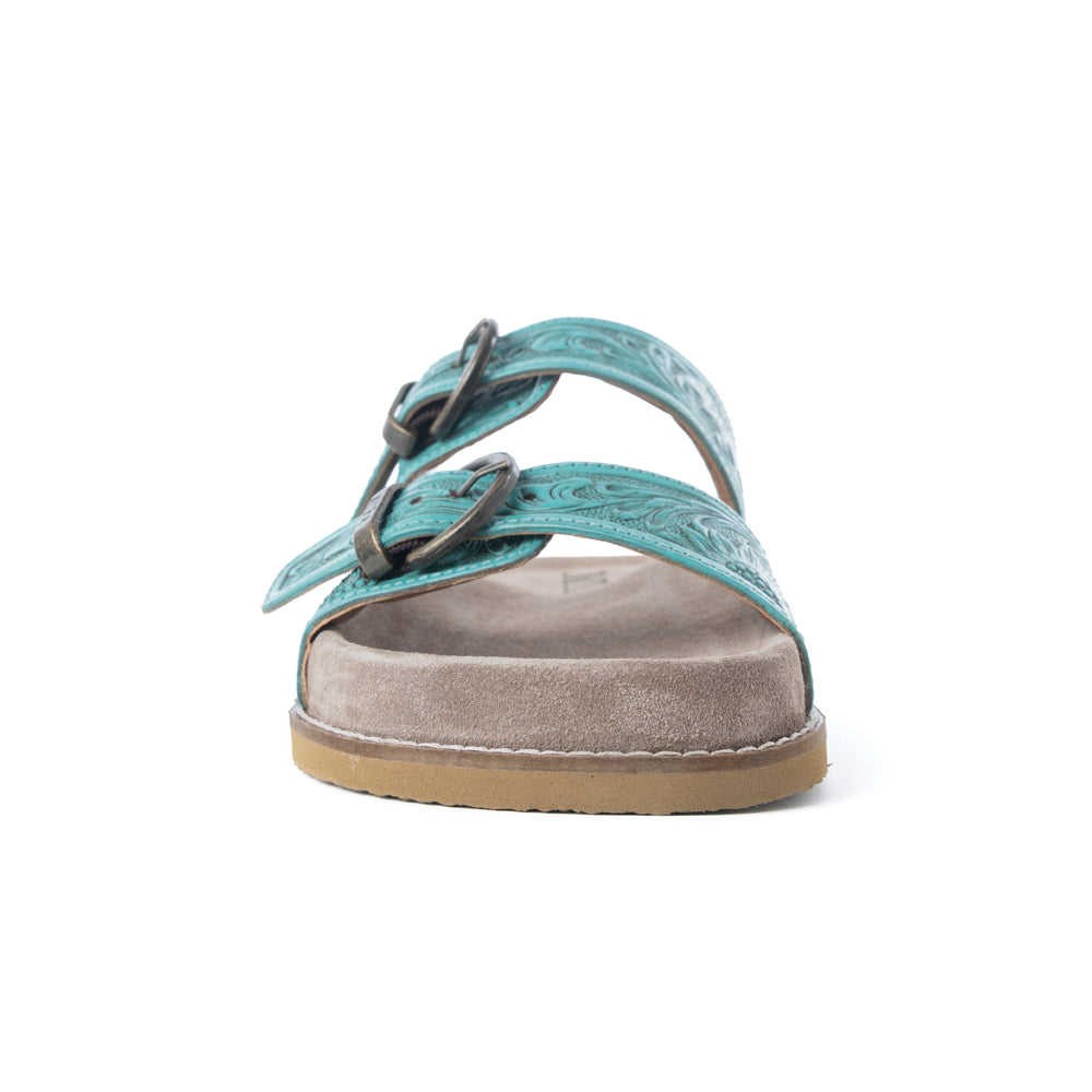 Myra Bluebell Ranch Handtooled Leather Sandals in Alpine Teal- Myra USA- {{Product type}}