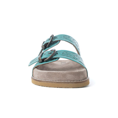 Myra Bluebell Ranch Handtooled Leather Sandals in Alpine Teal- Myra USA- {{Product type}}
