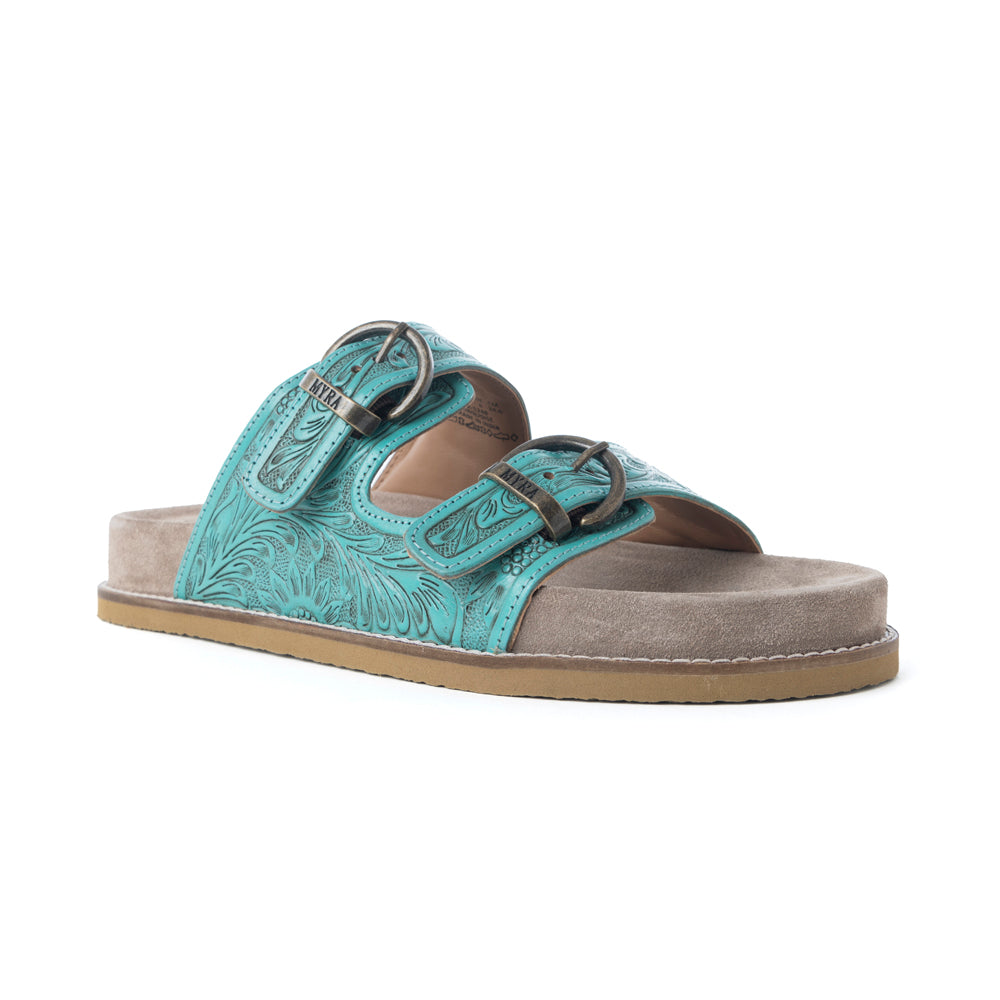 Myra Bluebell Ranch Handtooled Leather Sandals in Alpine Teal- Myra USA- {{Product type}}