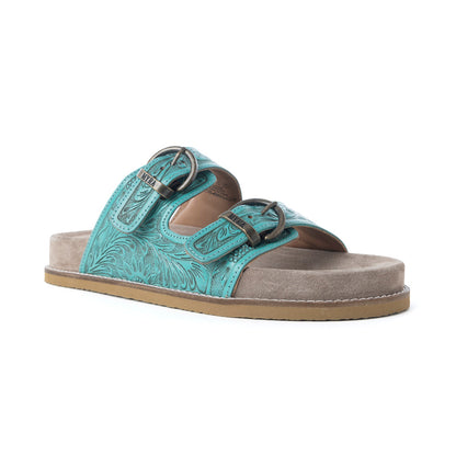 Myra Bluebell Ranch Handtooled Leather Sandals in Alpine Teal- Myra USA- {{Product type}}