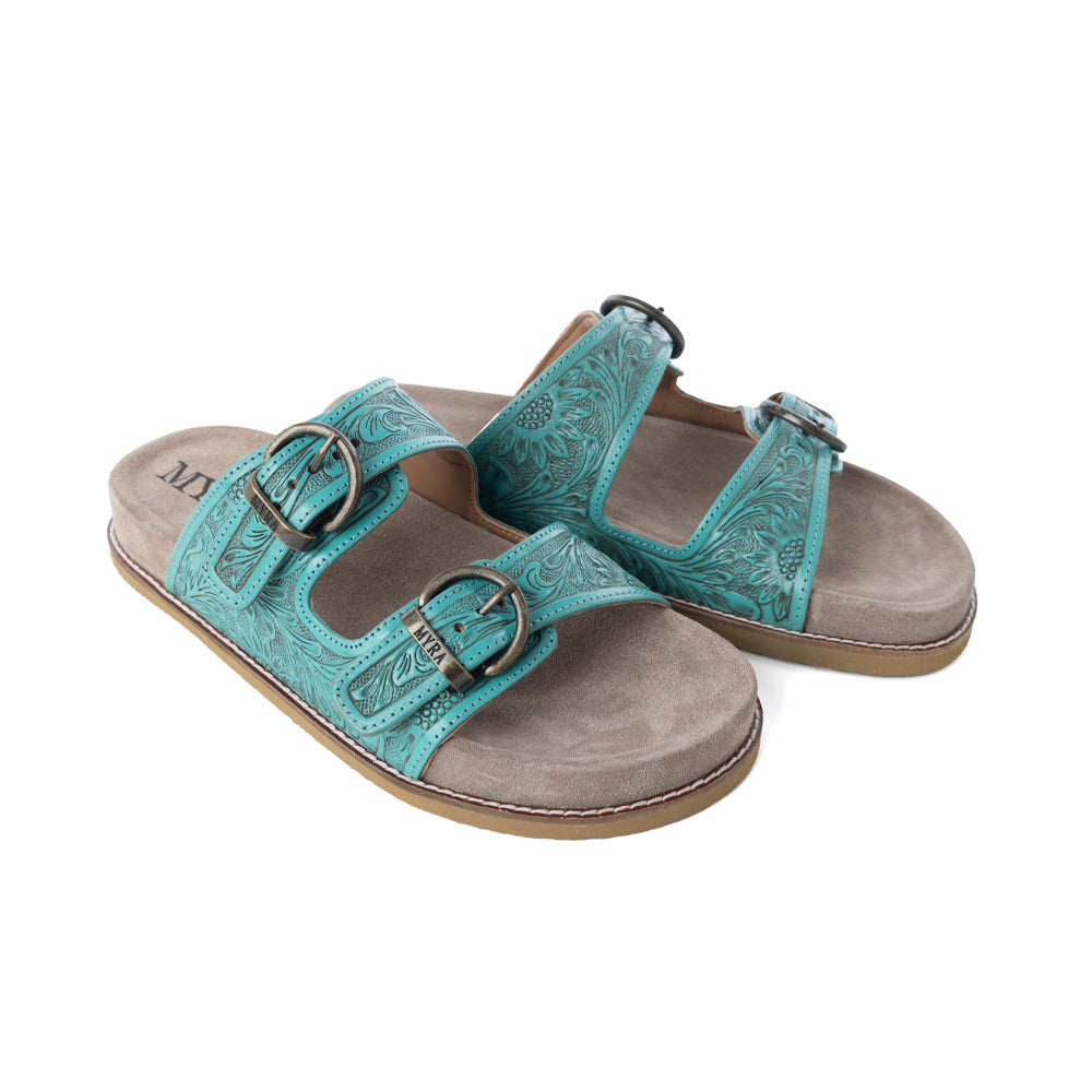 Myra Bluebell Ranch Handtooled Leather Sandals in Alpine Teal- Myra USA- {{Product type}}