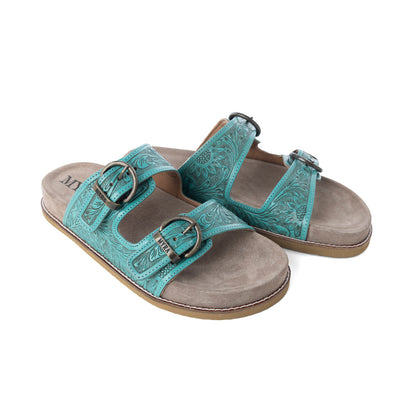 Myra Bluebell Ranch Handtooled Leather Sandals in Alpine Teal- Myra USA- {{Product type}}