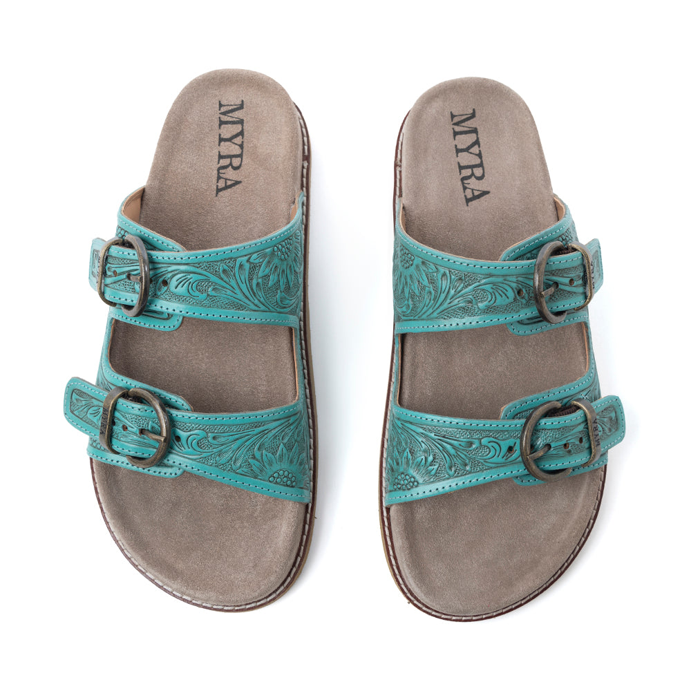 Myra Bluebell Ranch Handtooled Leather Sandals in Alpine Teal- Myra USA- {{Product type}}