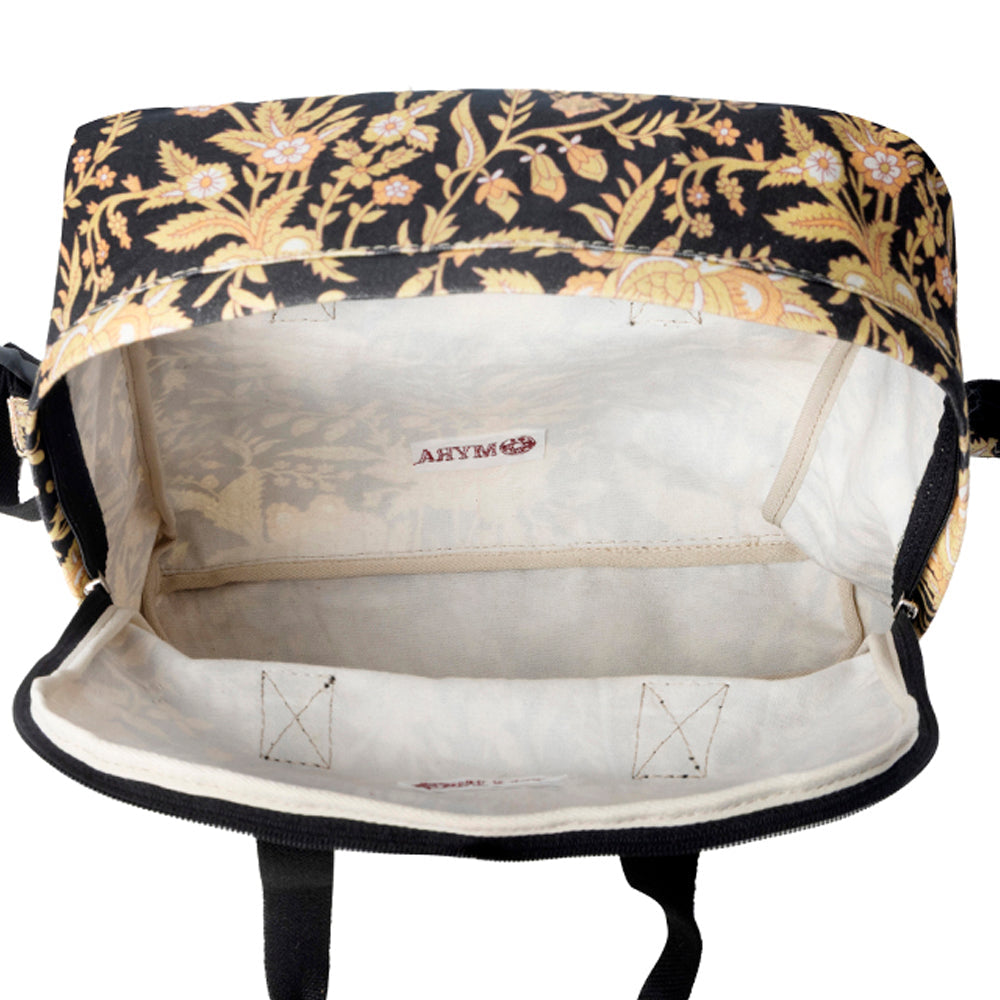Myra Pine Meadow Cotton & Leather Crossbody Bag in Black & Cream Floral- Myra USA- {{Product type}}
