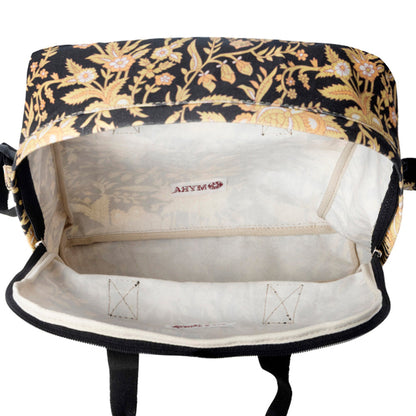 Myra Pine Meadow Cotton & Leather Crossbody Bag in Black & Cream Floral- Myra USA- {{Product type}}