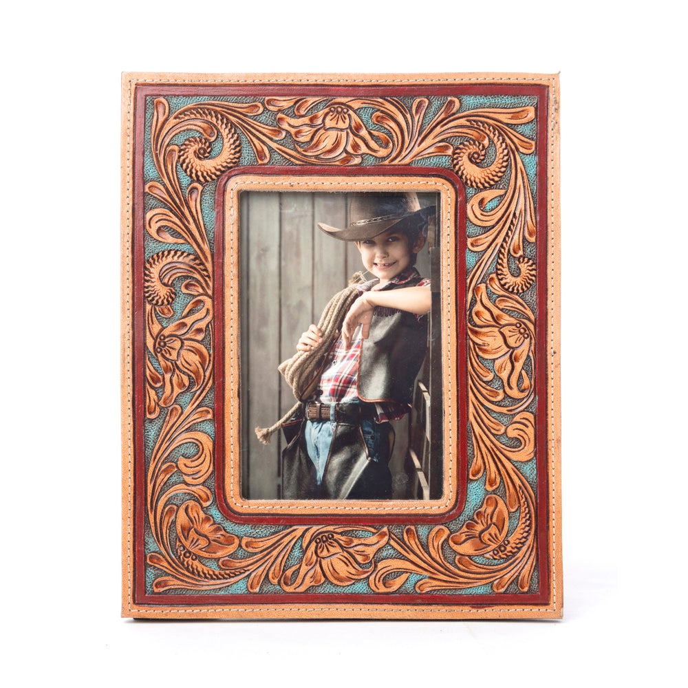 Myra Magnolia Rise Handtooled Leather Photo Frame in Deep Mahogany- Myra USA- {{Product type}}