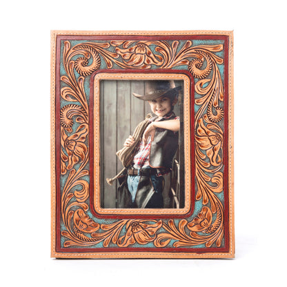 Myra Magnolia Rise Handtooled Leather Photo Frame in Deep Mahogany- Myra USA- {{Product type}}