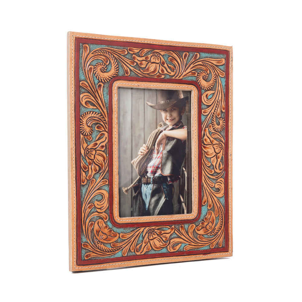 Myra Magnolia Rise Handtooled Leather Photo Frame in Deep Mahogany- Myra USA- {{Product type}}
