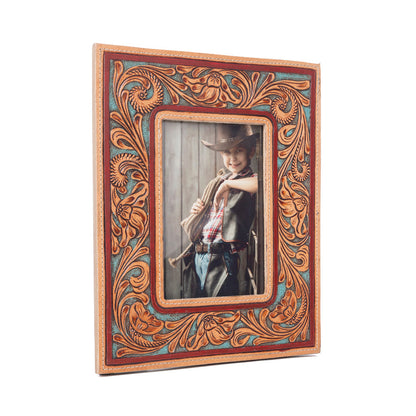 Myra Magnolia Rise Handtooled Leather Photo Frame in Deep Mahogany- Myra USA- {{Product type}}