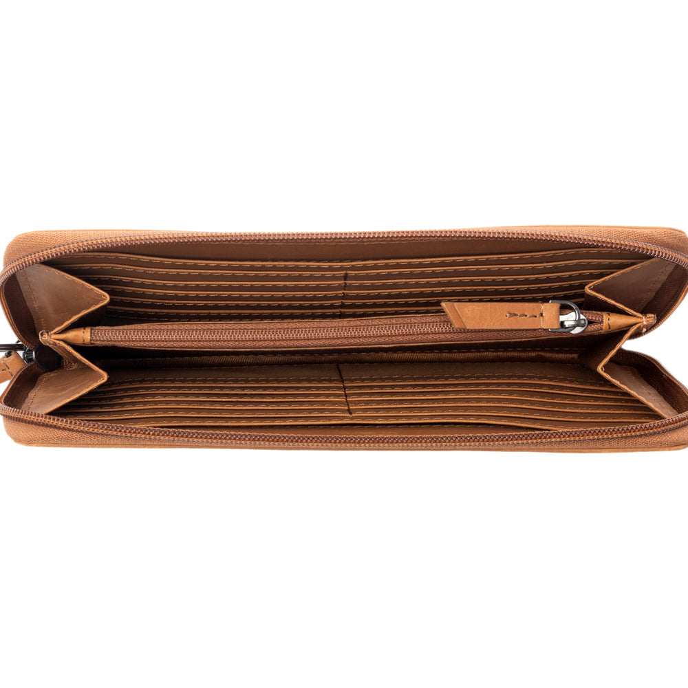Myra Kilim Trail Western Wallet for Women in brown with leather detail and RFID protection- Myra USA- {{Product type}}