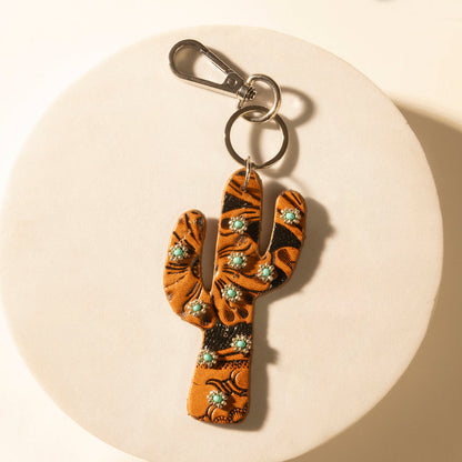 Myra Cactus Prairie Handtooled Leather Key Fob in Canyon Teal- Myra USA- {{Product type}}