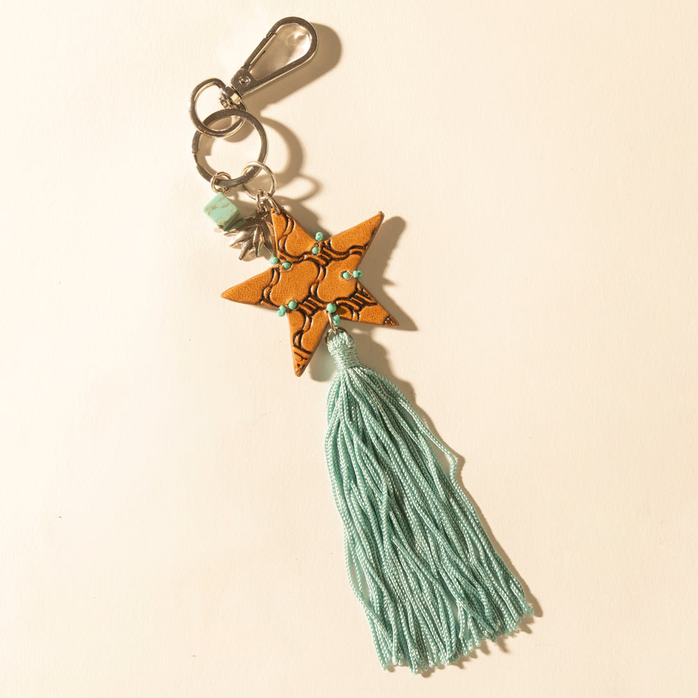 Myra Western Sky Beaded Fringe Handtooled Leather Key Fob in Ocean Blue- Myra USA- {{Product type}}