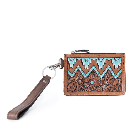 Myra Hand Hewn Western Card Holder for Women in Brown & Turquoise with handtooled detail - Brown & Turquoise - Credit Card Holder