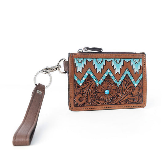 Myra Hand Hewn Western Card Holder for Women in Brown & Turquoise with handtooled detail - - Credit Card Holder