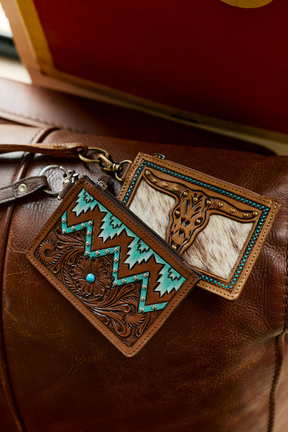 Myra Hand Hewn Western Card Holder for Women in Brown & Turquoise with handtooled detail- Myra USA- {{Product type}}