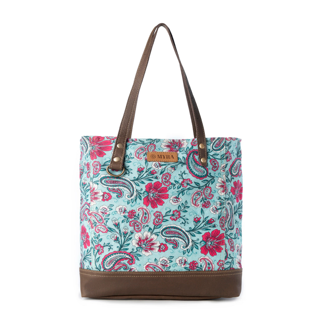 Myra Pinkpaisley upcycled canvas Tote Bag for Women in pink with leather detail- Myra USA- {{Product type}}