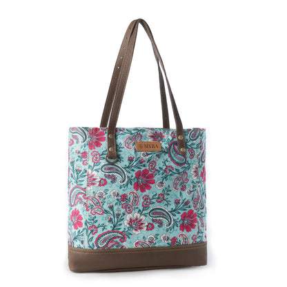 Myra Pinkpaisley upcycled canvas Tote Bag for Women in pink with leather detail- Myra USA- {{Product type}}