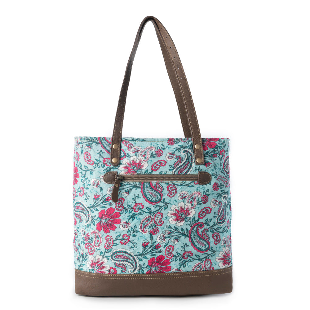 Myra Pinkpaisley upcycled canvas Tote Bag for Women in pink with leather detail- Myra USA- {{Product type}}