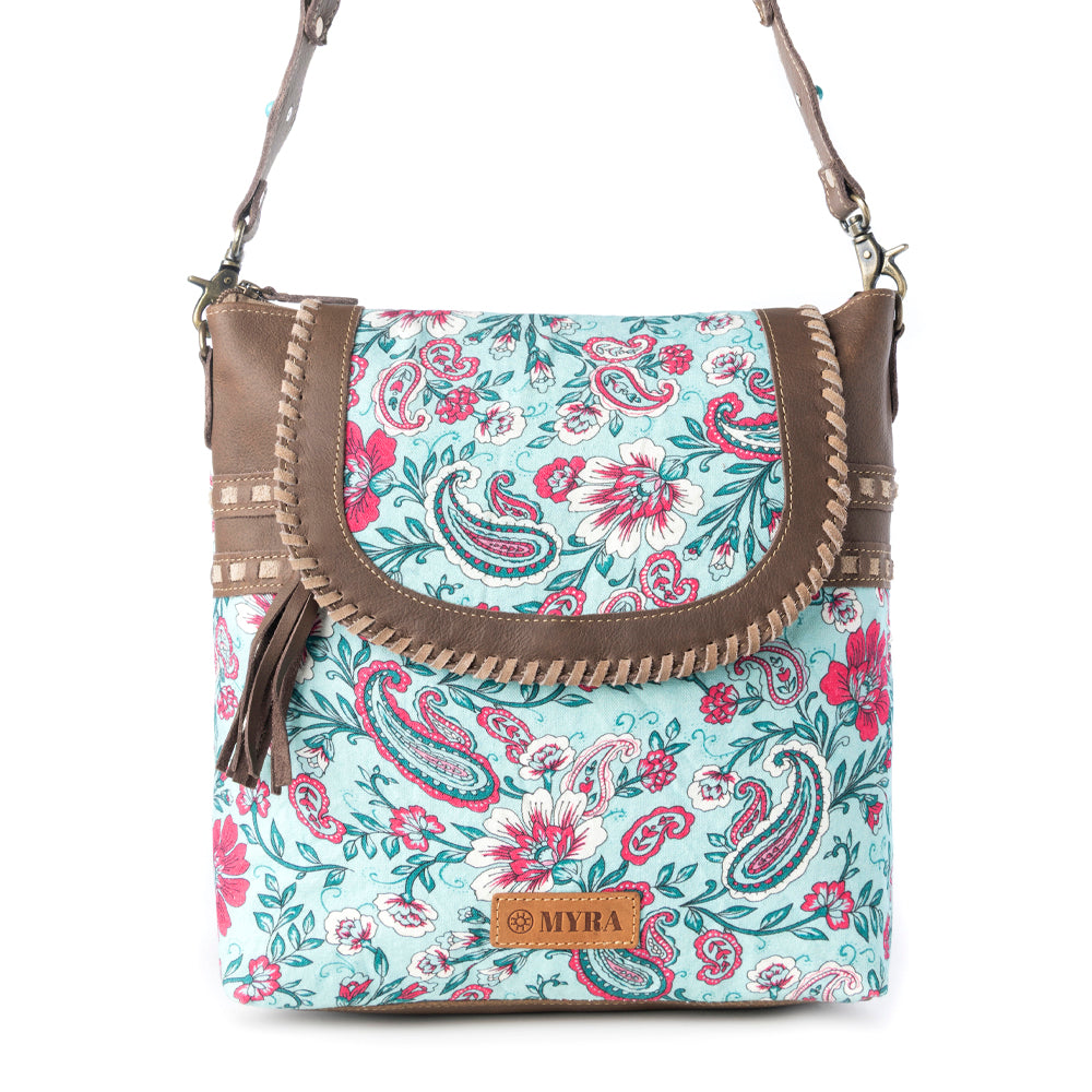 Myra Lagoon Lily upcycled canvas Bag for Women in blue with leather and weaved flap- Myra USA- {{Product type}}