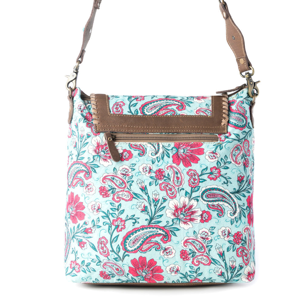 Myra Lagoon Lily upcycled canvas Bag for Women in blue with leather and weaved flap- Myra USA- {{Product type}}