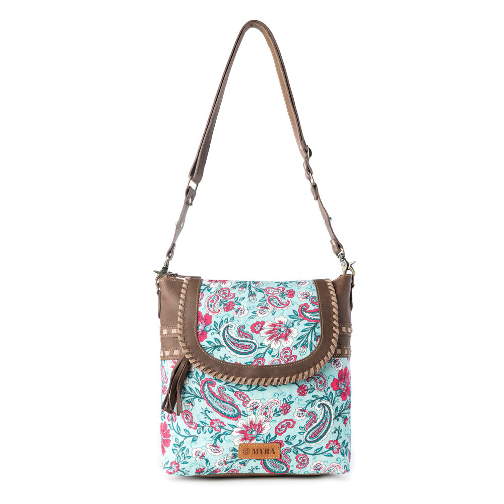 Myra Lagoon Lily upcycled canvas Bag for Women in blue with leather and weaved flap- Myra USA- {{Product type}}