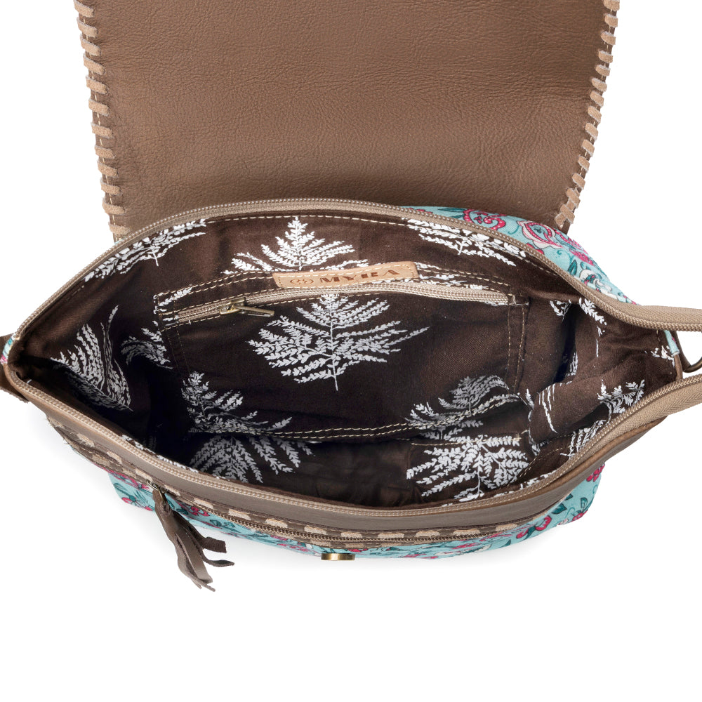 Myra Lagoon Lily upcycled canvas Bag for Women in blue with leather and weaved flap- Myra USA- {{Product type}}