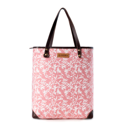 Myra Rose Vine Vintage Tote Bag for Women in pink with leather detail- Myra USA- {{Product type}}