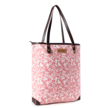 Myra Rose Vine Vintage Tote Bag for Women in pink with leather detail- Myra USA- {{Product type}}