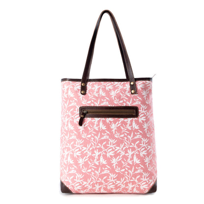 Myra Rose Vine Vintage Tote Bag for Women in pink with leather detail- Myra USA- {{Product type}}
