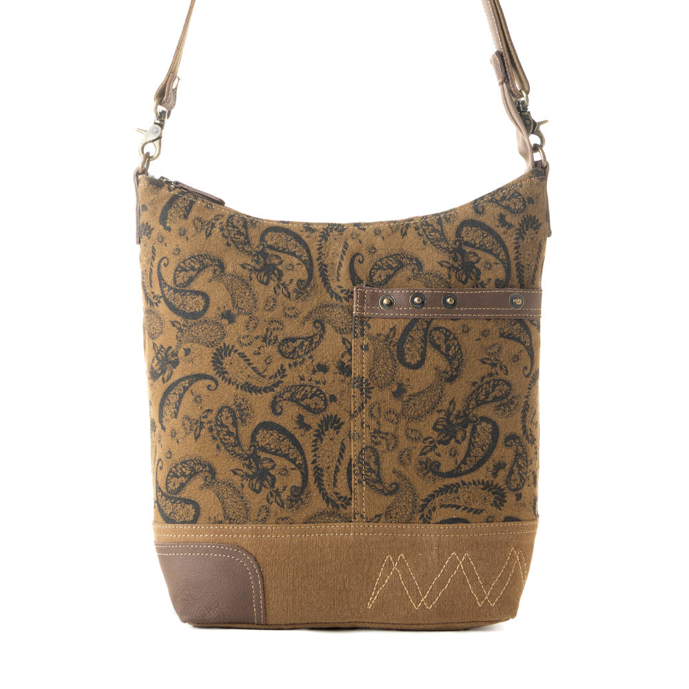 Myra Wild Paisley upcycled canvas concealed Carry Bag for Women in olive with vintage print- Myra USA- {{Product type}}