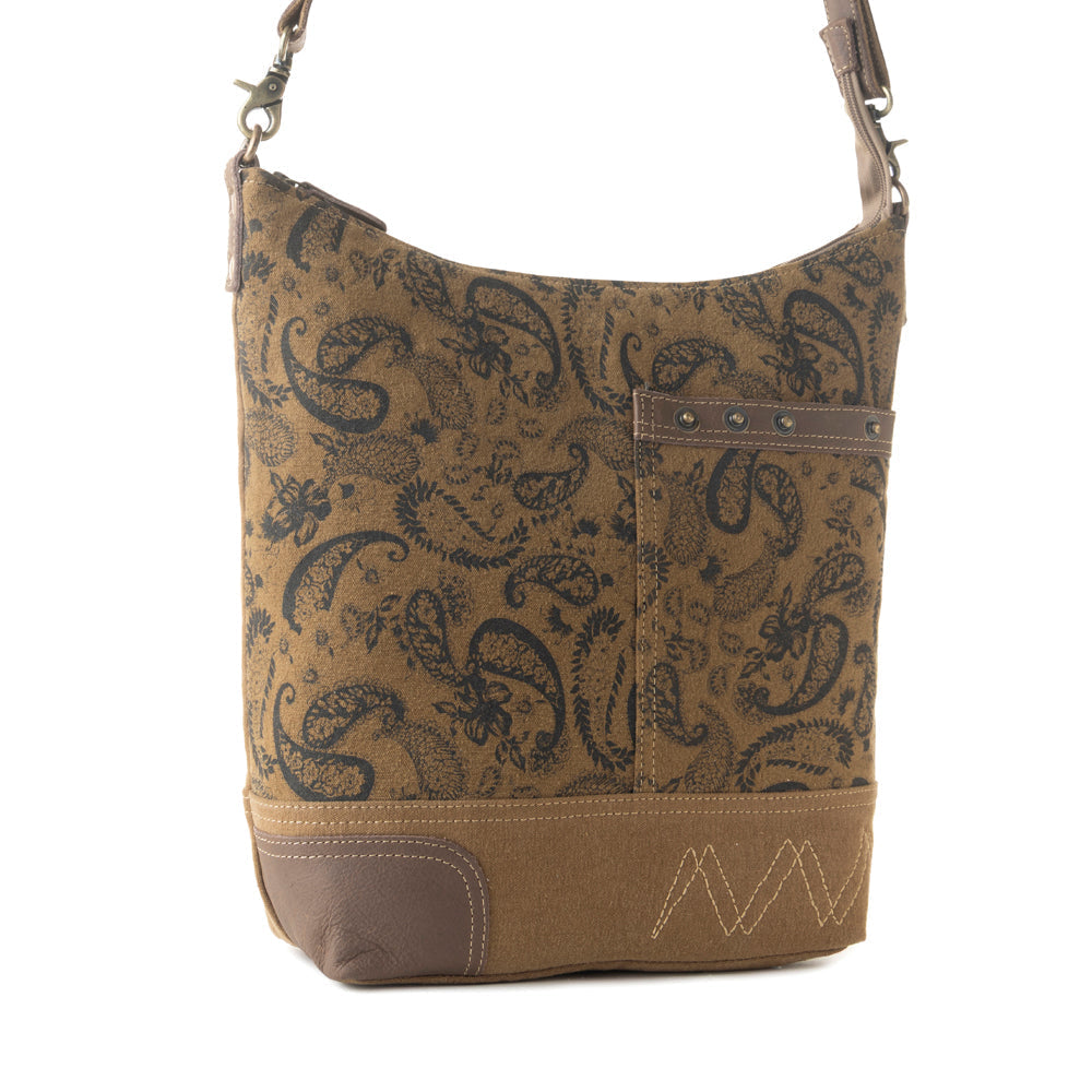 Myra Wild Paisley upcycled canvas concealed Carry Bag for Women in olive with vintage print- Myra USA- {{Product type}}