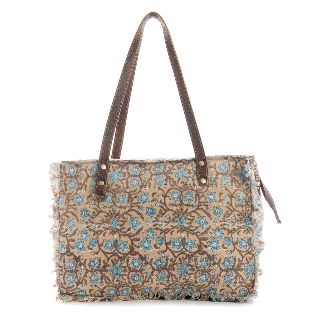 Myra San Ysidro Falls Floral Weekender Bag for Women â€“ Distressed Fabric, Leather Handles & Rustic Fringe Details- Myra USA- {{Product type}}