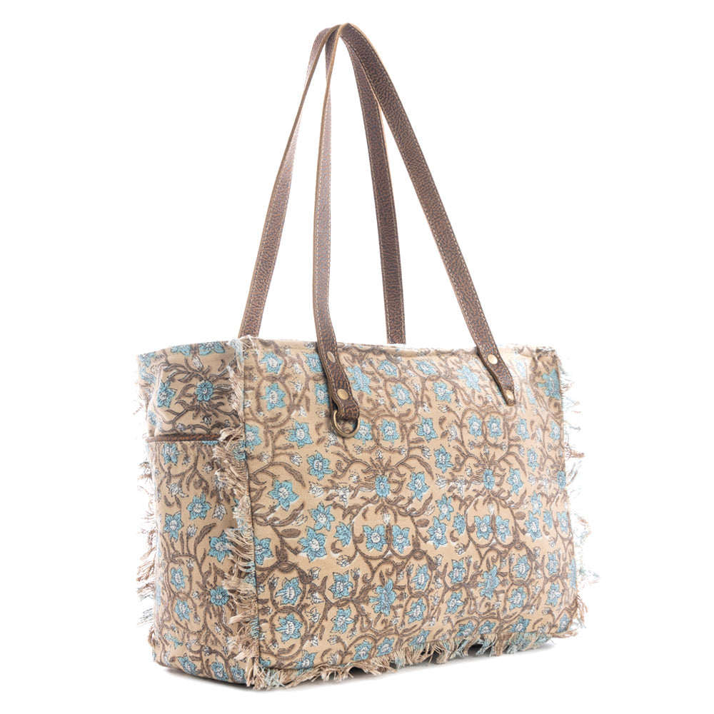 Myra San Ysidro Falls Floral Weekender Bag for Women â€“ Distressed Fabric, Leather Handles & Rustic Fringe Details- Myra USA- {{Product type}}