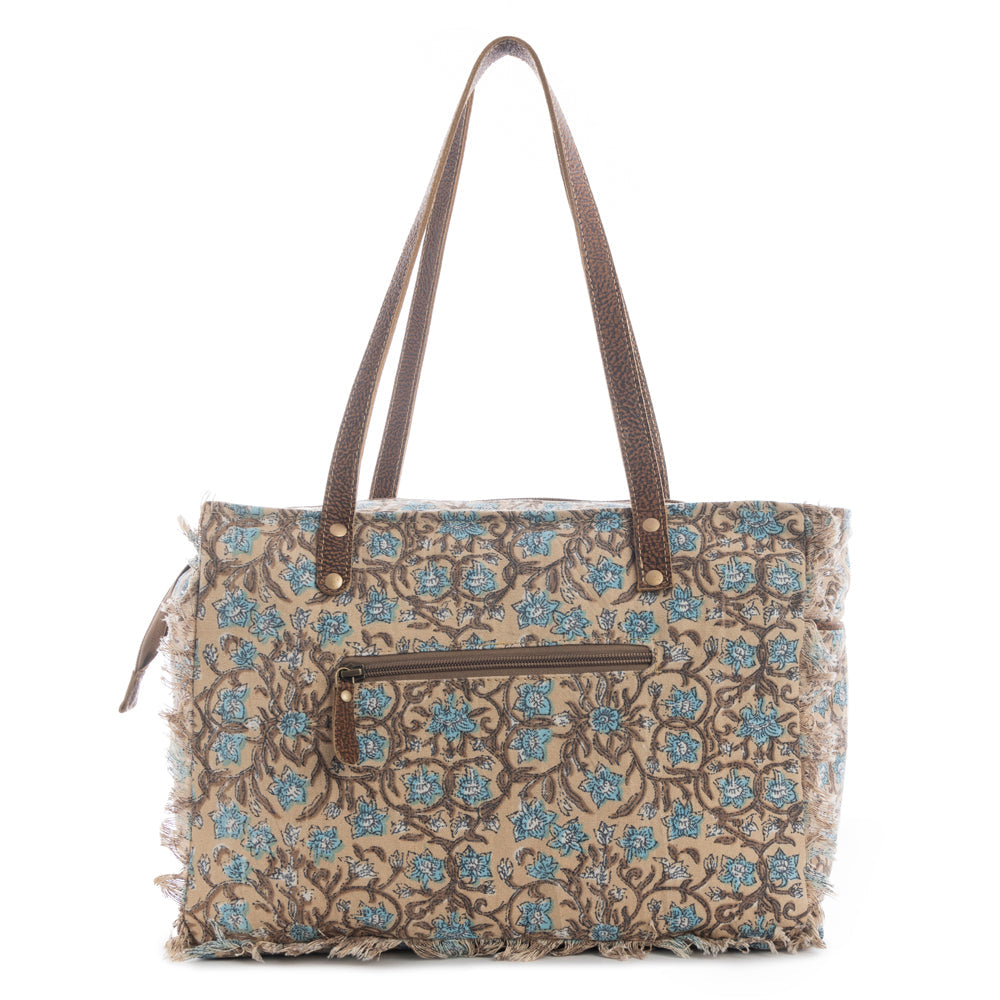 Myra San Ysidro Falls Floral Weekender Bag for Women â€“ Distressed Fabric, Leather Handles & Rustic Fringe Details- Myra USA- {{Product type}}