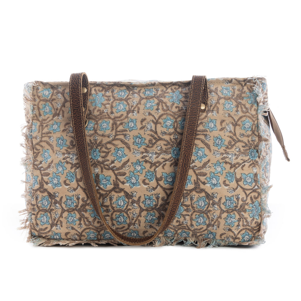 Myra San Ysidro Falls Floral Weekender Bag for Women â€“ Distressed Fabric, Leather Handles & Rustic Fringe Details- Myra USA- {{Product type}}