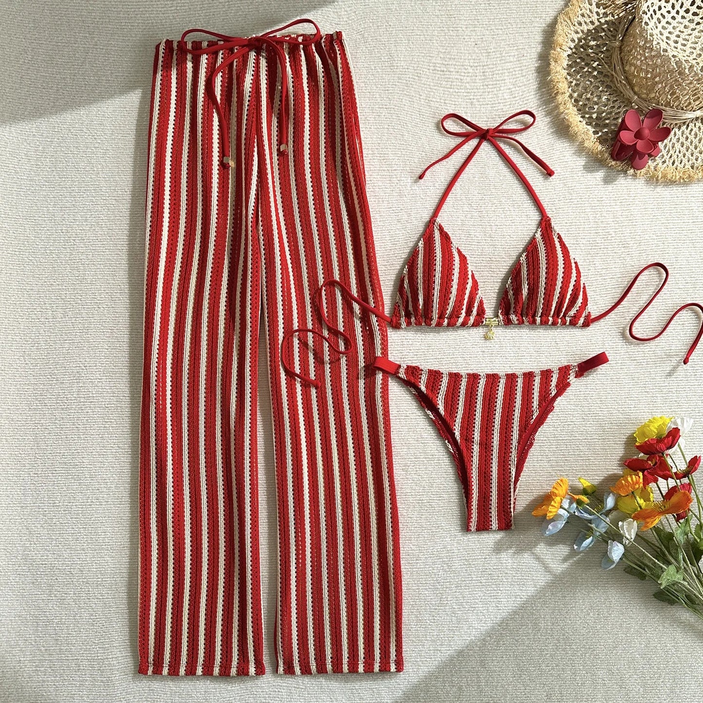 Vintage Red Striped Bikini Set 2026 Women Drawstring Long Panties 3 Piece Swimsuit Beach Holiday Bathing Suit Thong Swimwear - Red -