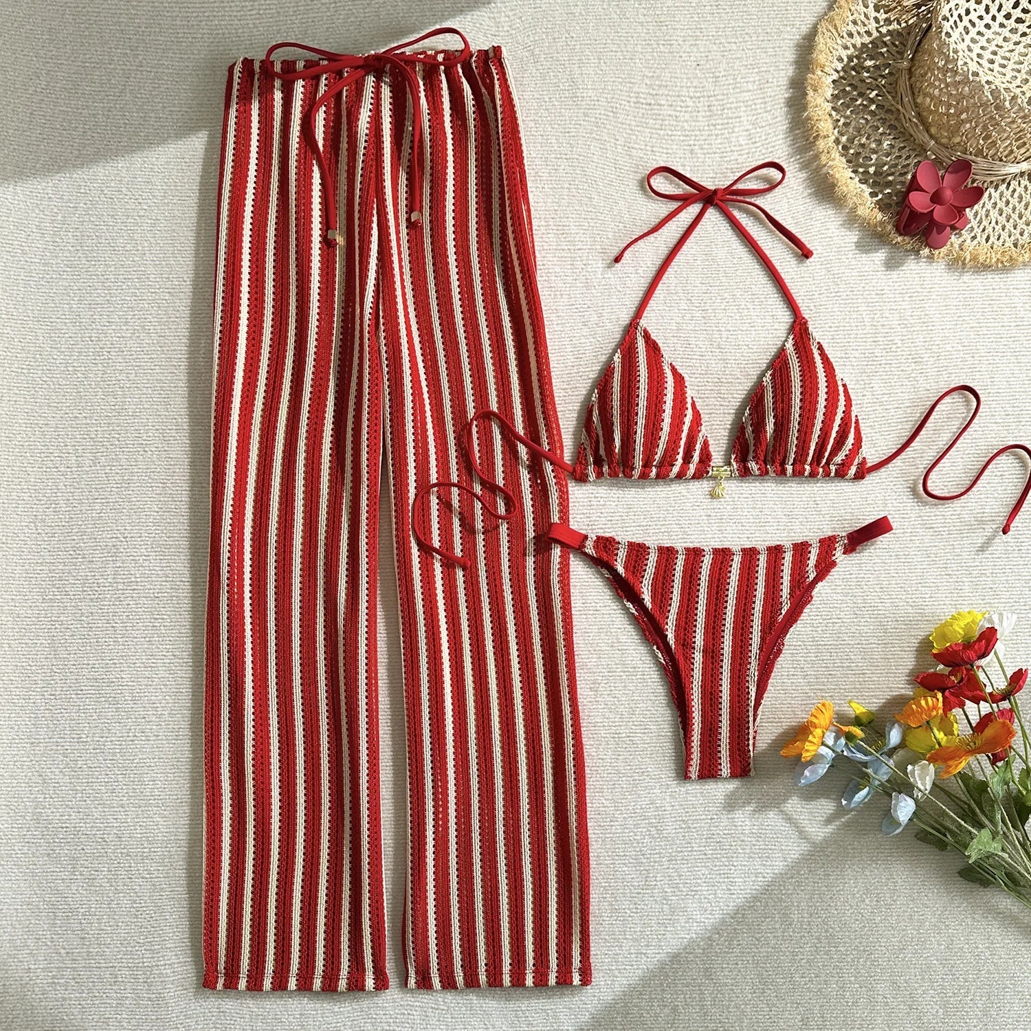 Vintage Red Striped Bikini Set 2026 Women Drawstring Long Panties 3 Piece Swimsuit Beach Holiday Bathing Suit Thong Swimwear - Red -