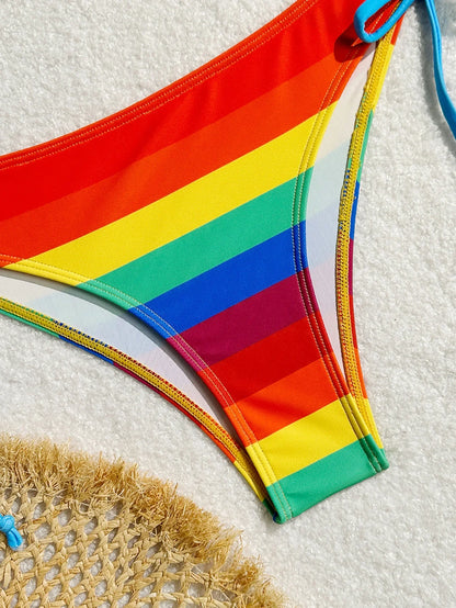 Women's Rainbow Color Bikini Set Sexy Beach Vacation Backless 2 Piece Swimsuit 2024 Summer Bathing Suit Bra Push Up Swimwear - -