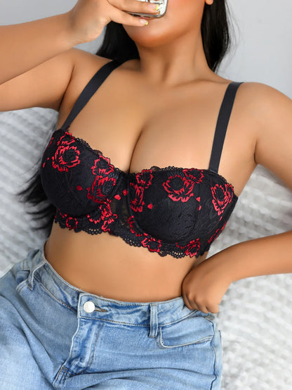 Daily Wide Strap Plus Size Women Bra Lace & Embroidery Push up Bra Comfort Thin Cup Underwire Support Lingerie Bra - -
