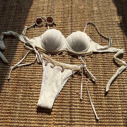 Sexy Shell Starfish Ornament Bikinis Sets Women White Ruffles Push Up Underwire Thong Swimsuit 2025 Beach Bathing Suit Swimwear - -