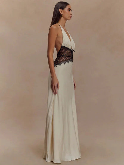 Mozision Backless Maxi Dress Lace Deep V Neck Sleeveless High Waist - - dress