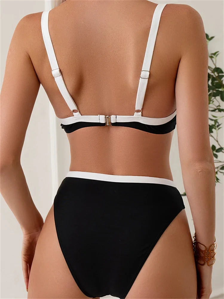 Sexy Black White Patchwork Bikini 2024 Women Halter V Underwire Push Up Micro Swimsuit Beach Bathing Suit High Waist Swimwear - -